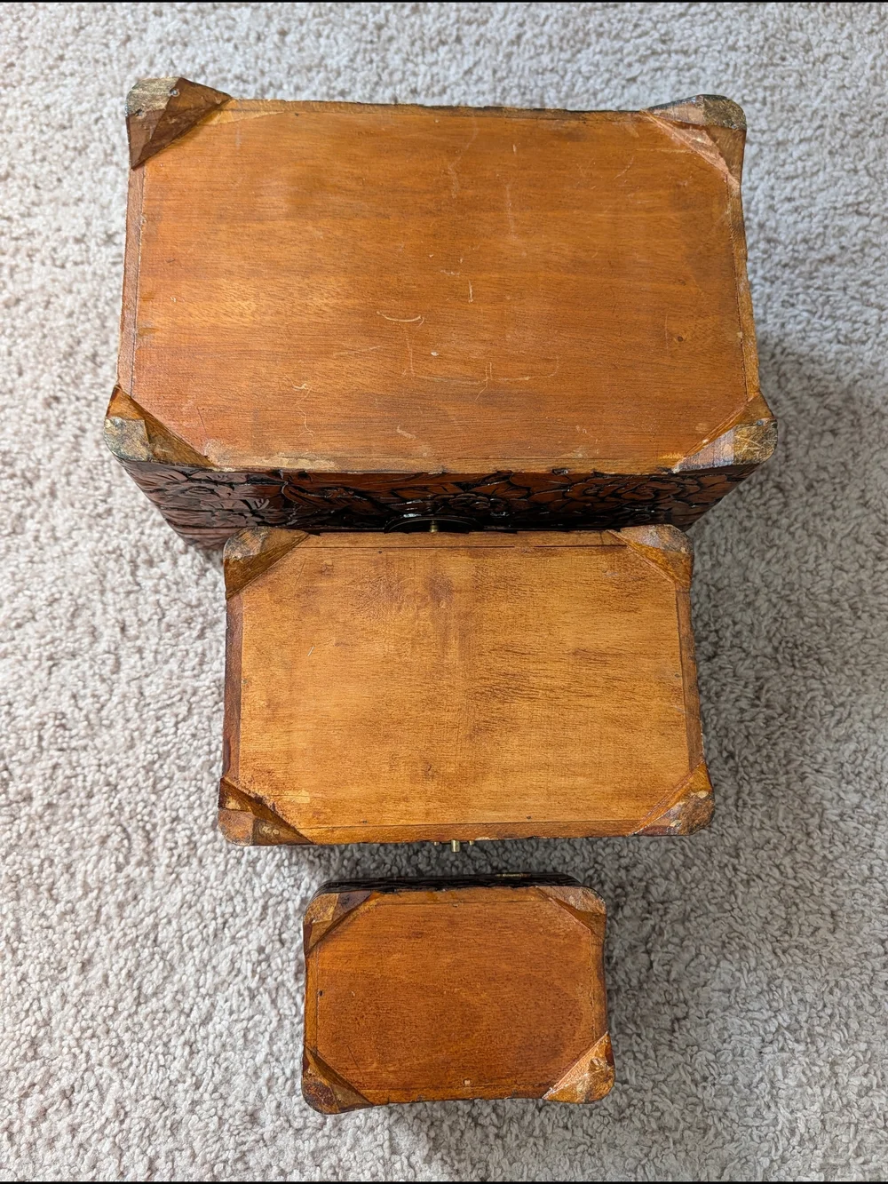 3 Vintage Hand Carved Brown Chinese Bird Camphor Wooden Floral Trinket Boxes